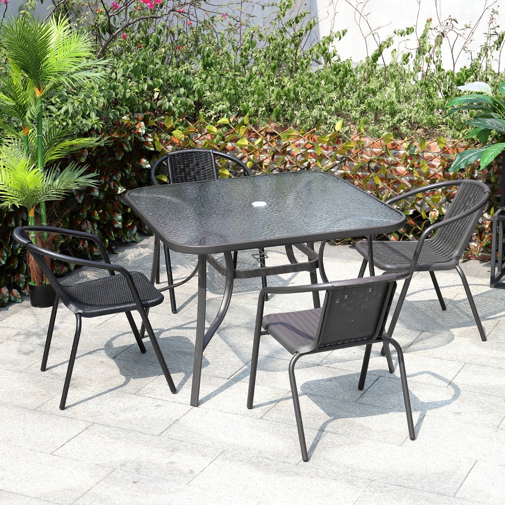 105CM Wide Square Glass-Top Outdoor Dining Table with Parasol Hole